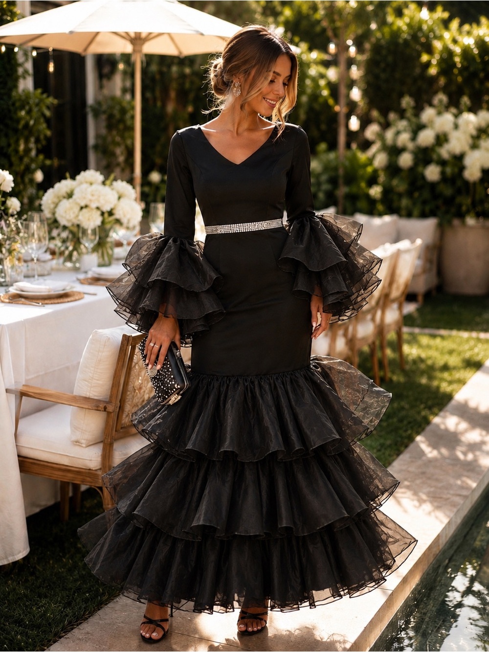 Source Unknown Black Tiered Ruffle Long Sleeve Mermaid Dress